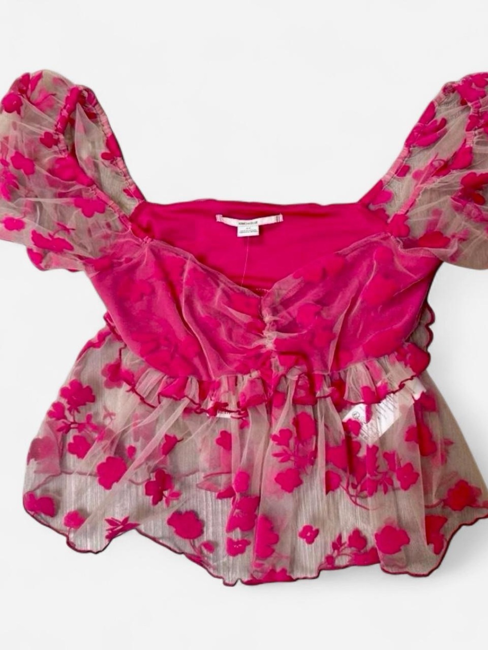 Kimchi Blue Hot Pink Floral Puff-Sleeve Sheer Blouse